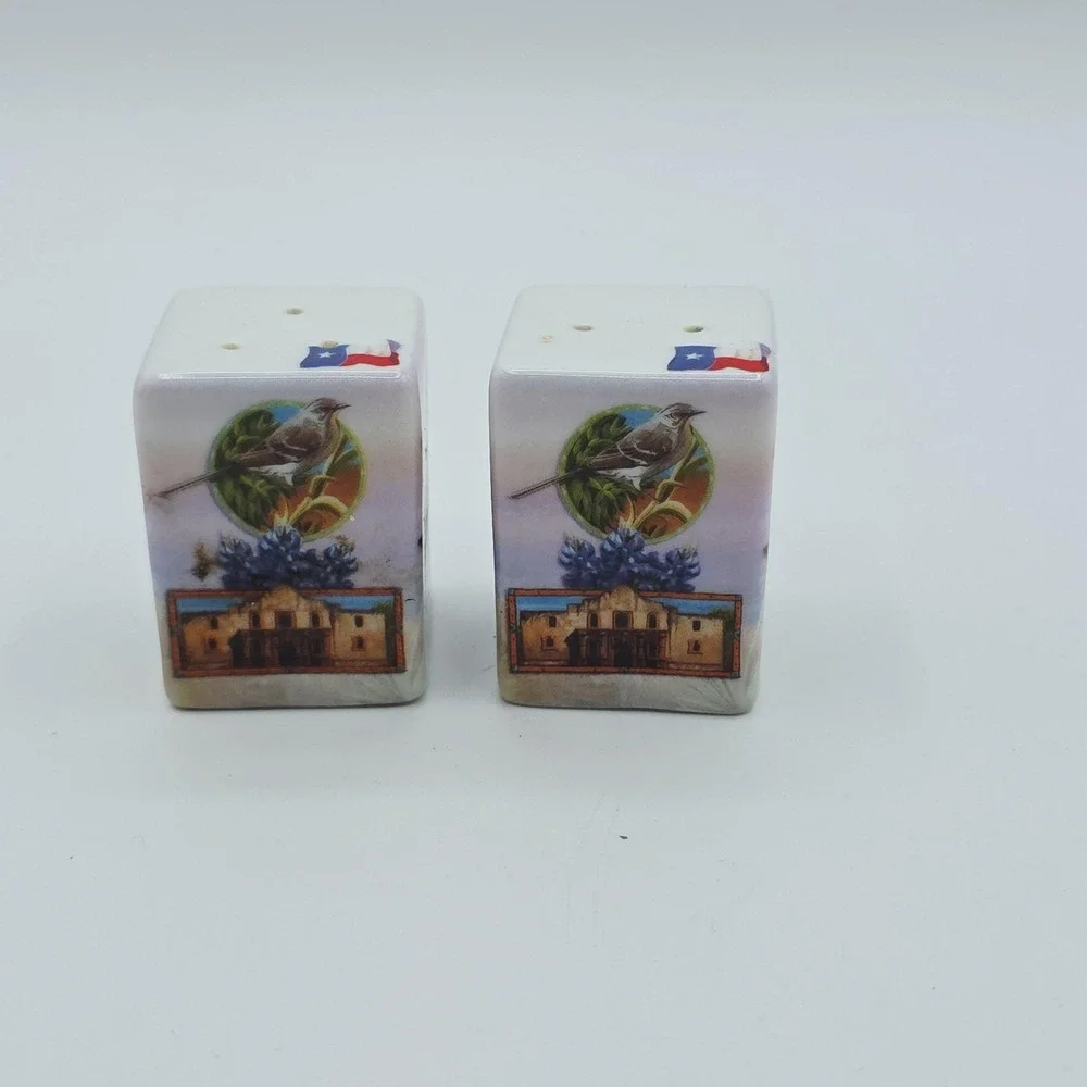 Vtg Texas Austin Souvenir Salt Pepper Shakers Ceramic Pair Bluebonnet Alamo Flag